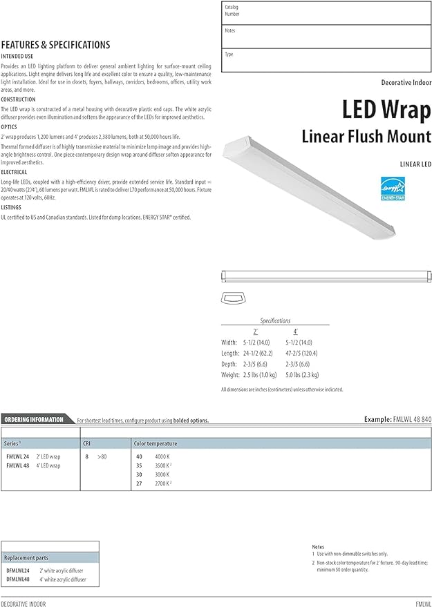 Lithonia Lighting 4 Foot LED Light Fixture, Low-Profile LED Wraparound Flush Mount Ceiling Light, 3000K Warm White, 120V, 48-Inch (FMLWL 48 830)
