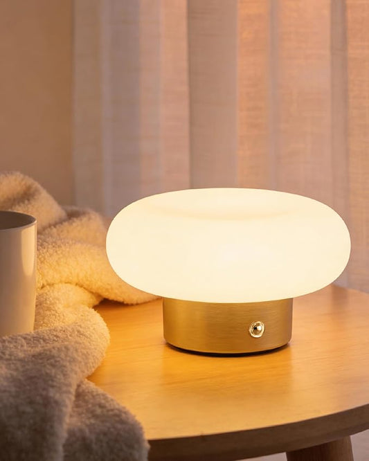 Cordless Table Lamp, Gold Rechargeable Battery Operated Lamp, Stepless Dimming Touch Lamp with Glass Lampshade for Bedroom, Living Room, Dining Table, Nightstand