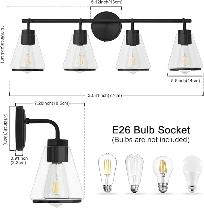 Black Bathroom Light Fixtures 4 Light Bathroom Vanity Lights Over Mirror with Clear Glass Shade, 30 Inch Vanity Lights for Bedroom Modern Wall Sconce Lighting (Exclude E26 Bulb)