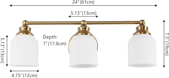 JONATHAN Y 24" Brass Gold/White Modern Farmhouse LED Vanity Light Wall Sconce Fixture, Frosted White Glass Shade, Dimmable Wall Lamp for Bathroom Mirror Kitchen Sink, UL Listed (JYL7551B)