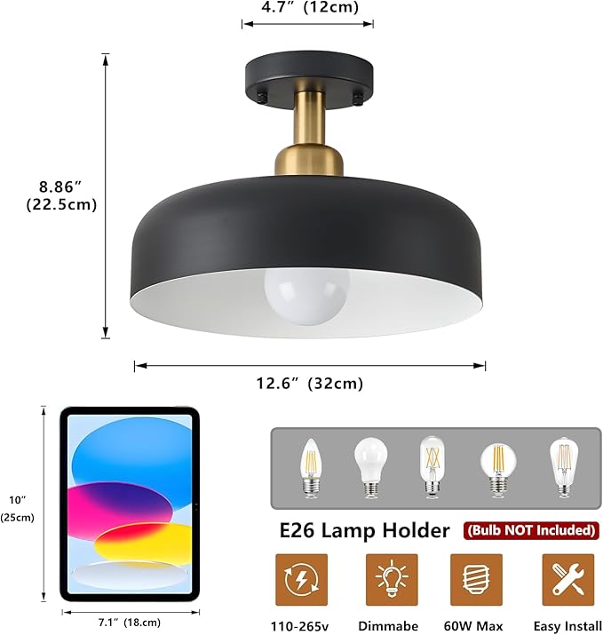 Modern Semi Flush Mount Ceiling Light,Mid Century Hallway Ceiling Light Fixture,E26 Ceramic Lamp Head,Black and Gold Light Fxiture Ceiling for Kitchen Entryway Bedroom Hall Entry (12.6 in)