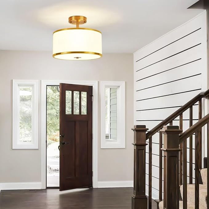 Semi Flush Mount Ceiling Light,3-Light Modern Close to Ceiling Light Fixtures, Gold Drum lamp with Fabric Shade, Hallway Light Fixtures for Foyer Bedroom Kitchen Laundry Room Living Room