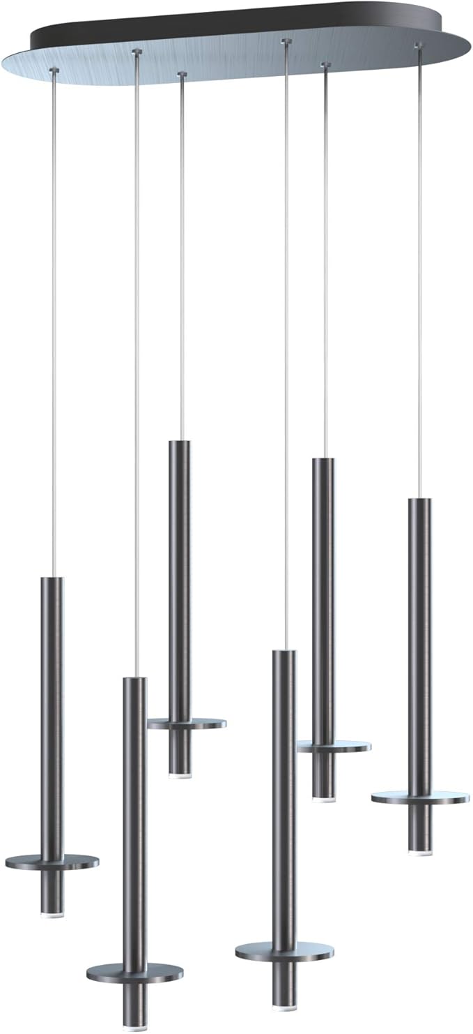 Draco 6 Pendant Lighting Nickel – LED Hanging Light Fixture for Kitchen Island, Bar, Foyer – Equilateral Cluster of Mini Metal Rod Pipe Tube Cylinders – Dimmable, Adjustable Wire, Lamp Bulb Included