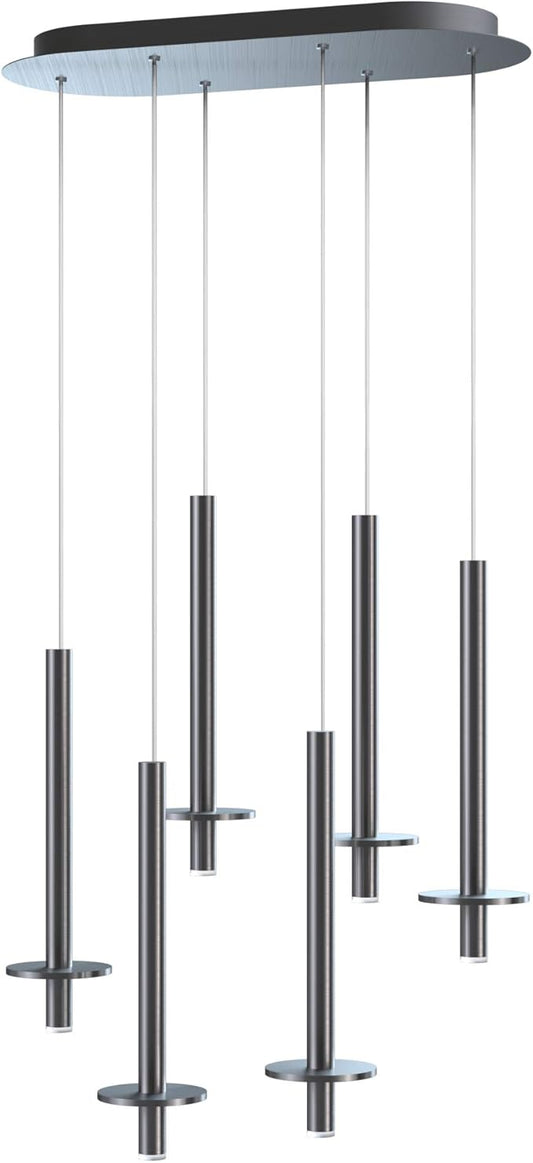 Draco 6 Pendant Lighting Nickel – LED Hanging Light Fixture for Kitchen Island, Bar, Foyer – Equilateral Cluster of Mini Metal Rod Pipe Tube Cylinders – Dimmable, Adjustable Wire, Lamp Bulb Included