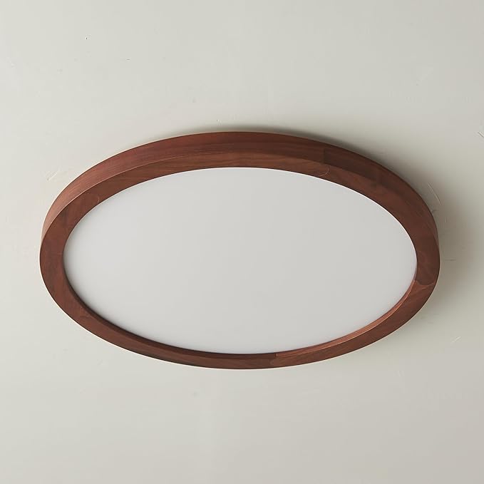 Ultra-Thin LED Ceiling Light Fixture 24.4", Handcrafted Walnut Wood Modern Wabi-Sabi Style, Slim 2.5cm Profile, 37W LED 3000K-4000K-6000K, Round Minimalist Lamp for Bedroom Kitchen Hallway