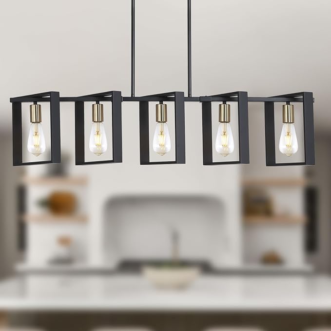 9MMML 41.5" Mid Century Dining Room Chandelier, Black and Gold Wood Pendant Light, Height Adjustable 5 Lights Fixtures for Kitchen Island Hallway Pool Table