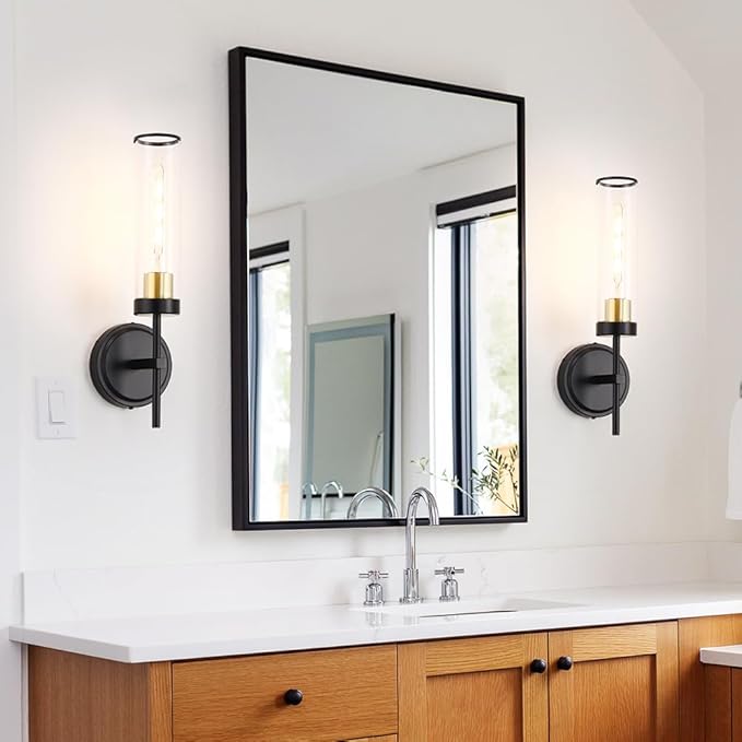 Wall Sconces Set of Two, Black and Gold Bathroom Sconces Wall Lighting with Clear Glass, Modern Sconces Wall Decor Set of 2, Farmhouse Wall Mount Lights for Mirror Bedroom Living Room Hallway Kitchen