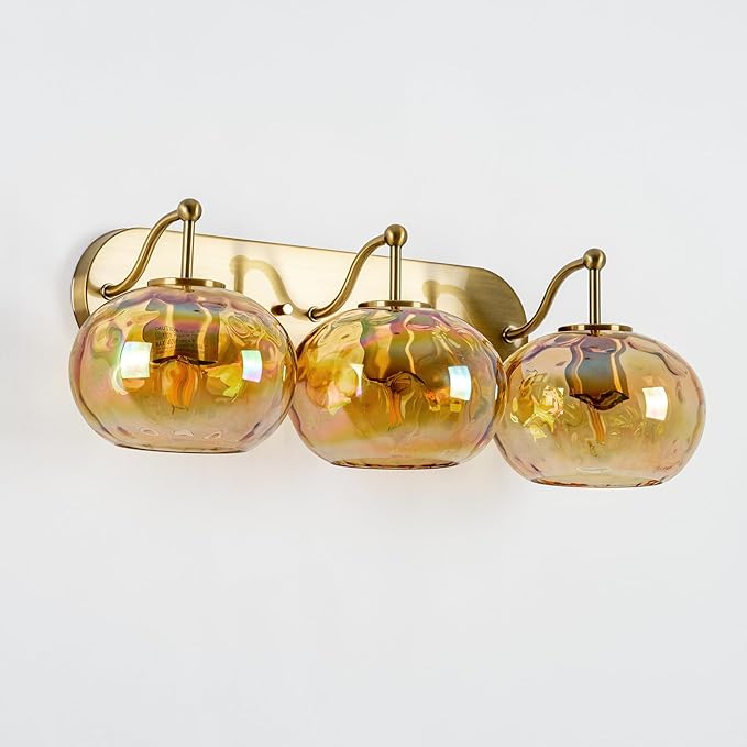 23" Brushed Gold Vanity Light Stained Amber Hammered Glass Wall Sconce 3-Light Brass Wall Lamp for Hallway Living Room Stairwell Bathroom Over Mirror