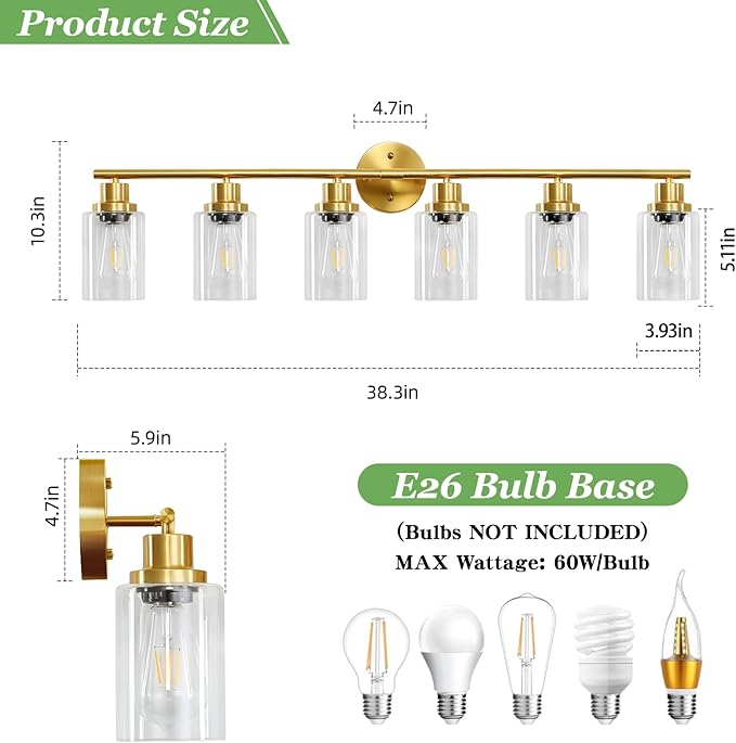 6-Light E26 Gold Bathroom Vanity Lights, Modern Bathroom Light Fixtures with Clear Glass Shade, Wall Lamps for Mirror Hallway Kitchen Cabinet Living Room Sconces Lights