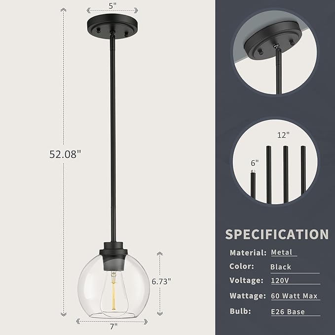 Pendant Light – 7 Inch Modern Hanging Fixture with Clear Glass Globe & Matte Black Finish, Adjustable Iron Rods & Sloped Ceiling Compatible for Kitchen Island Dining Room Bedroom Hallway, 2 Pack