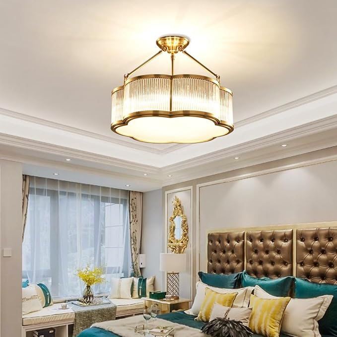 Vintage Semi-Flush Gold Chandelier,Mid-Century Modern Brass Ceiling Light Fixture,Art Deco Floral Ceiling Light,Frosted Glass Ceiling Lamp for Nursery Bedroom Kitchen
