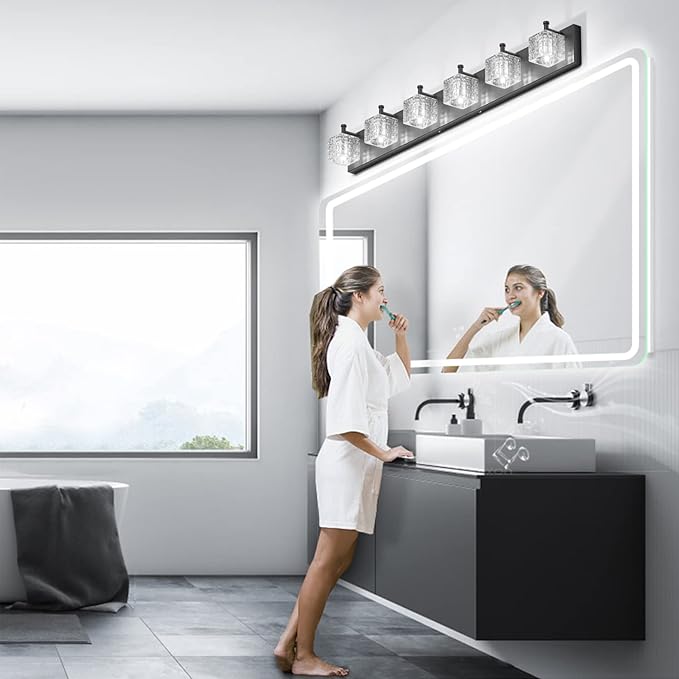 Ralbay 6 Lights Black Bathroom Vanity Lights Crystal Modern LED Black Bathroom Vanity Lights Modern Crystal Vanity Light for Bathroom Lighting Over Mirror Matte Black