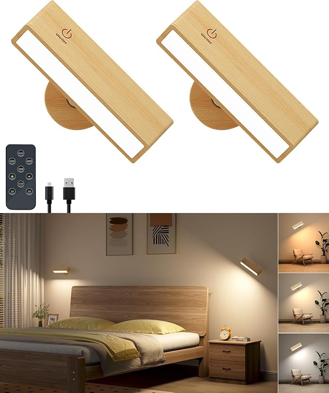 DetarZinLED Wooden Wall Sconce Battery Operated with Remote,Rechargeable Wall Lights for Bedroom with 3 Color Temperature, Magnetic, Stick-On, Dimmable Wall Reading Lights (Beech Wood, 2Pack-Remote)