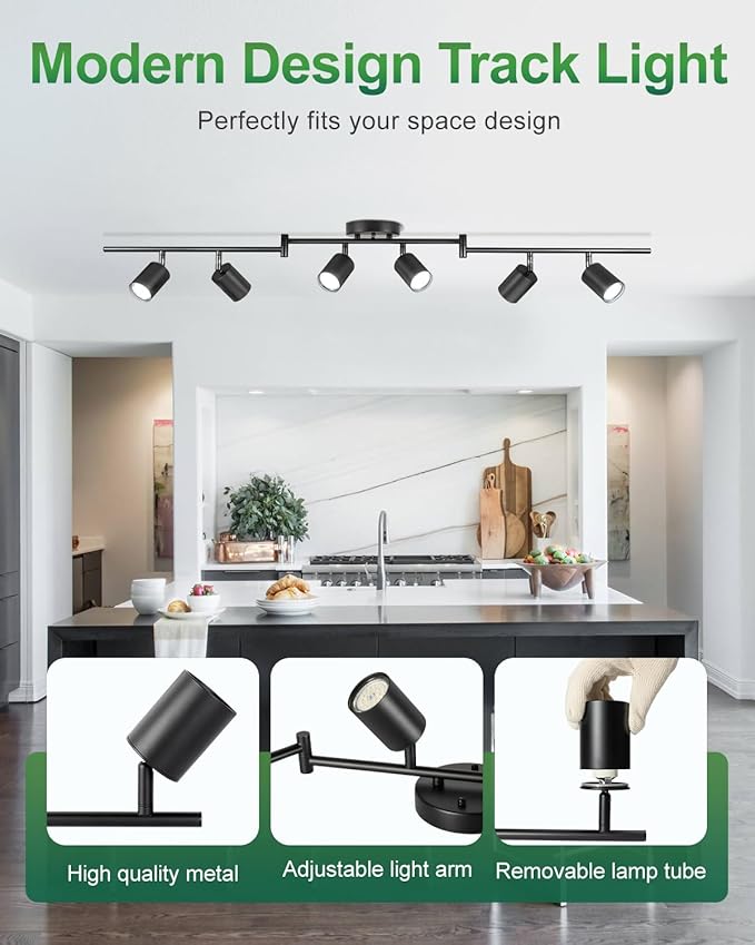 6 Ways Track Lighting, Rotatable Heads Tracks Light, Track Lightings Fixtures Ceiling with Foldable Arms, Modern Black Tracks Light for Kitchen, Living Room, Hallway(Bulbs Not Included)