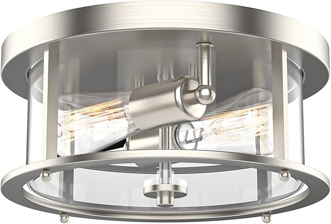 EAPUDUN Flush Mount Ceiling Light Fixtures, 12inch 2-Light Farmhouse Close to Ceiling Light Fixture with Clear Glass Shade, Brushed Nickel Finish for Porch, Entryway, Bedroom, FMA1413-BNK