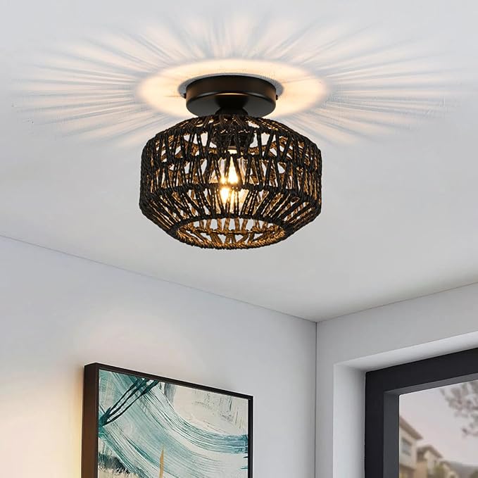 Rattan Ceiling Light, 1 Light Bohemian Modern Woven Flush Mount Ceiling Light, Mini Boho Light Fixture for Bedroom Living Room Dining Room