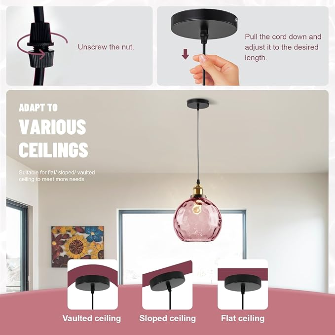 Pink Pendant Light Glass Globe Pendant Lights Kitchen Island Light Fixtures Ceiling Hanging with Hammered Glass Pendant Chandelier Lighting for Dining Room Living Room Girls Bedroom