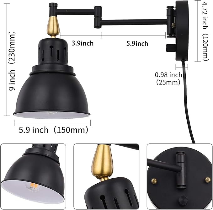 TRLIFE Plug in Wall Sconces, Dimmable Wall Sconces Retractable Swing Arm Wall Lamp with 6FT Plug in Cord and Dimmer Knob On/Off Switch, E26 Base, UL Listed(2 Pack)