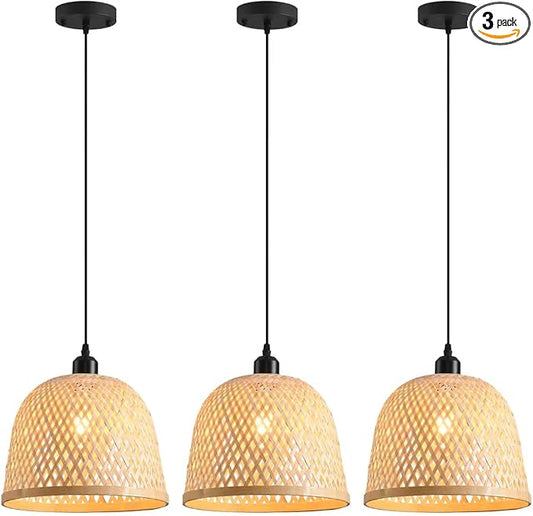 3-Pack Rattan Pendant Light,11.02 Inch Bamboo Pendant Light Fixture,Handwoven Wicker Pendant Light for Kitchen Island,Coastal Chandelier for Dining Room Foyer Stairway Hallway