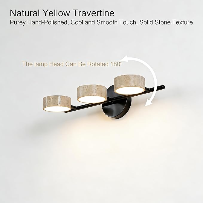 LED Mirror Light with 3 Travertine Stone Shades, Bathroom Vanity Light Fixture, 360° Rotatable Stone Lampshades, Modern Rustic Wall Lamp for Bedroom, Living Room, Hallway (Black-Metal)