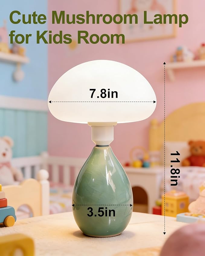 Lightdot Mushroom Table Lamp, Mid Century Modern Lamp, Green Ceramic Base Bedside Lamp, Cute Desk Lamp with Bulb Included, Eye-Caring Night Light for Bedroom Kids Room Living Room Office Home Reading