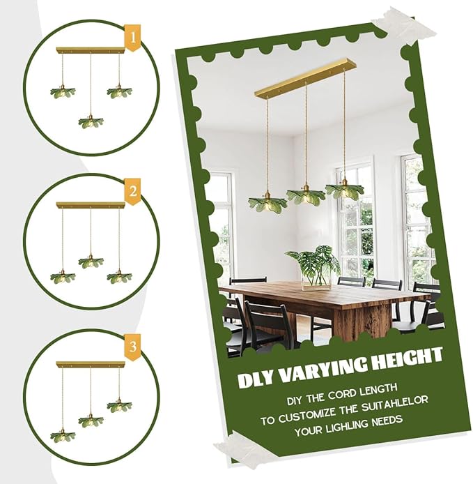 Glass Chandelier for Dining Room Vintage Chandelier Lighting 3-Light Hand Blown Gold Mid Century Modern Pendant Light with Green Glass Shade for Kitchen Island Bedroom Living Room
