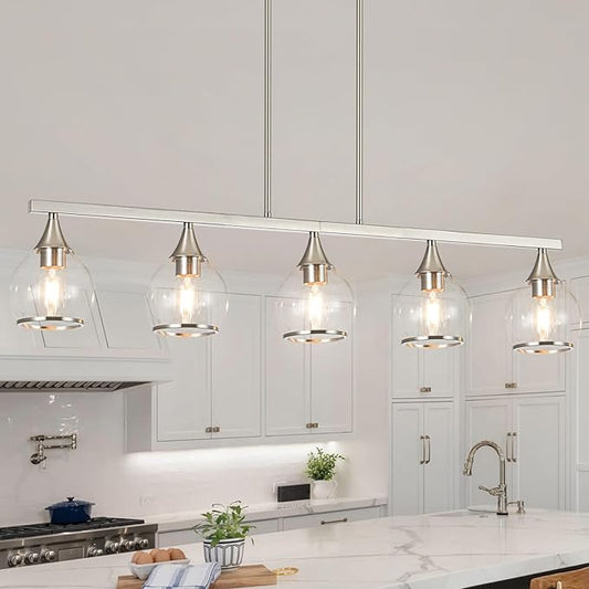 Island Light for Kitchen, 5-Light Brushed Nickel Kitchen Island Linear Hanging Pendant Chandeliers, Brushed Nickel Dining Room Light Fixture Over Table with Clear Round Glass Shades