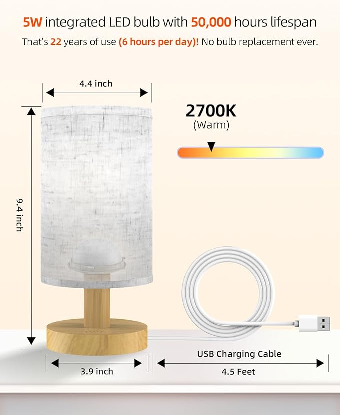 Small Touch Table Lamp for Bedroom, Bedside Lamp for Warm Light LED Desk Lamp, Wood Base Round Flaxen Fabric Shade for Kids Room, Living Room, College Dorm, Home, Office