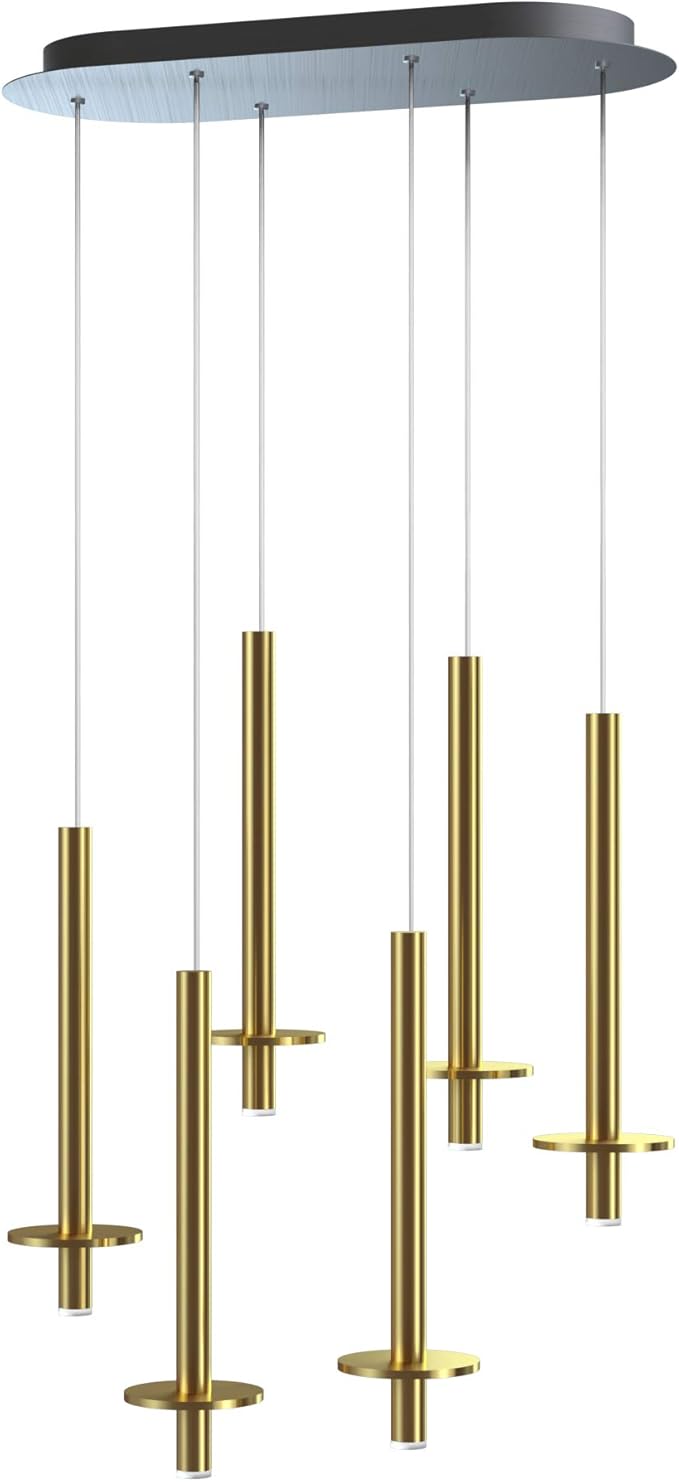 Draco 6 Pendant Lighting Brass – LED Hanging Light Fixture for Kitchen Island, Bar, Foyer – Equilateral Cluster of Mini Metal Rod Pipe Tube Cylinders – Dimmable, Adjustable Wire, Lamp Bulb Included