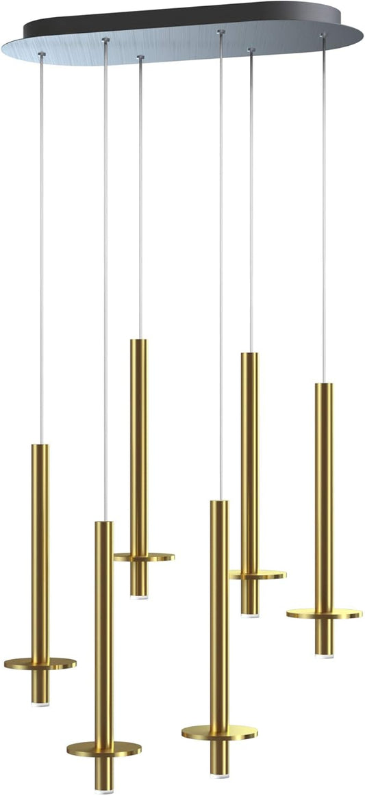 Draco 6 Pendant Lighting Brass – LED Hanging Light Fixture for Kitchen Island, Bar, Foyer – Equilateral Cluster of Mini Metal Rod Pipe Tube Cylinders – Dimmable, Adjustable Wire, Lamp Bulb Included