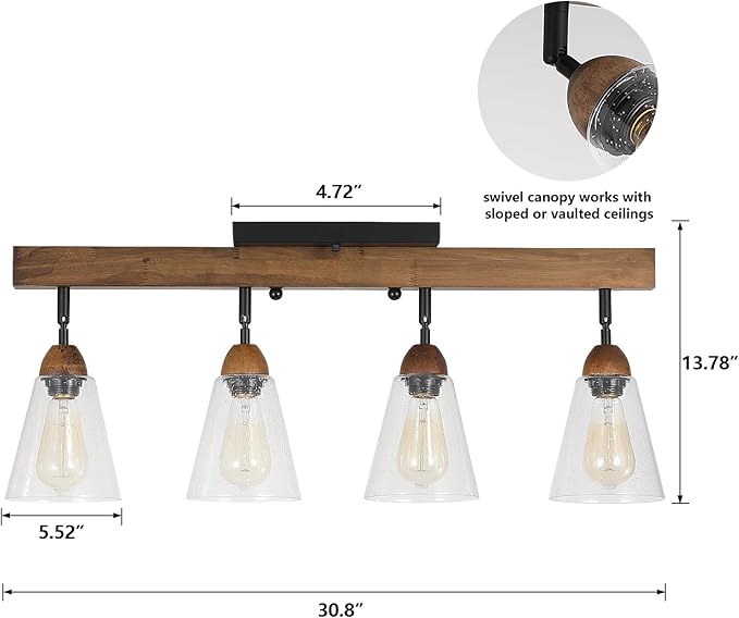4-Light Large Rustic Farmhouse Wood Flush Mount Ceiling Light Fixture Clear Seeded Glass Shade and Oak Wood Track Semi Flush Mount Ceiling Light for Kitchen Living Room Bedroom Indoor, Black