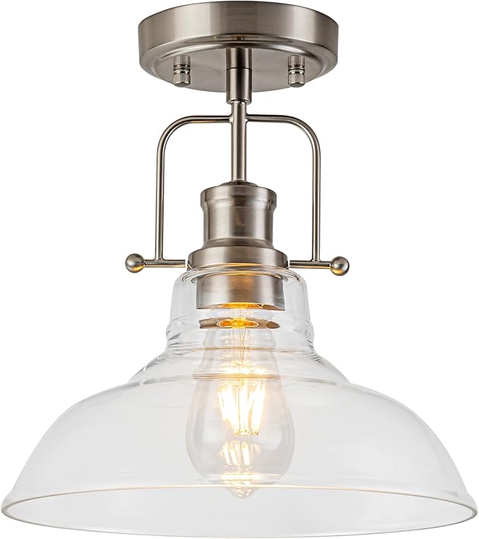 WILON Semi Flush Mount Ceiling Light Fixture, Brushed Nickel Farmhouse Light Fixtures with Clear Glass Shade, Modern Vintage Ceiling Lamp for Kitchen Island Sink Foyer Bathroom Entryway Laundry Room