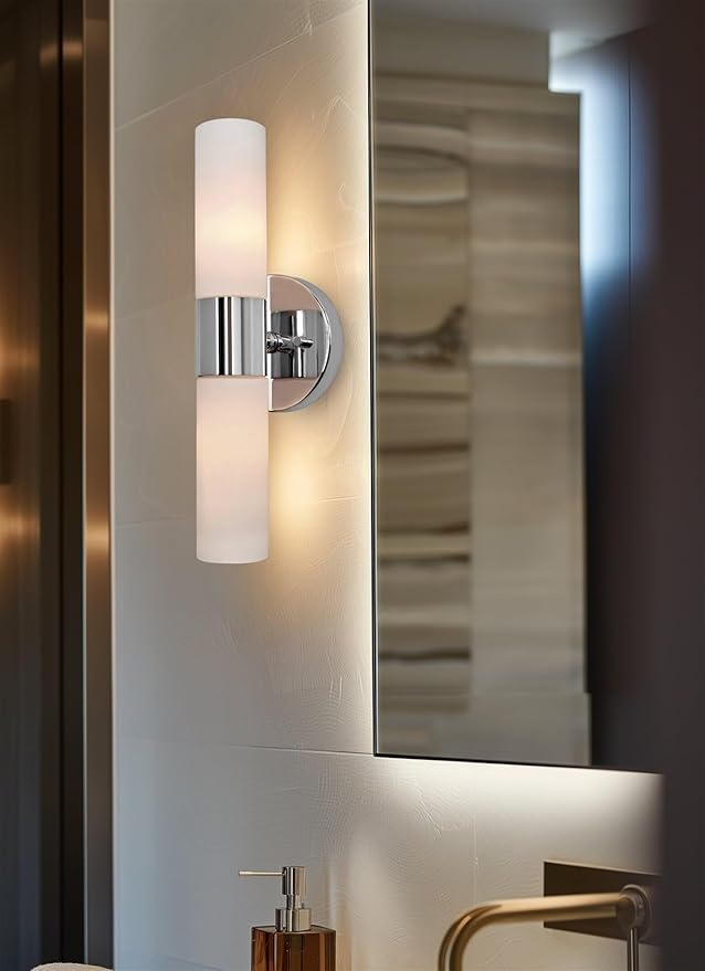 Kira Home Duo 14" Modern Wall Sconce with Frosted Glass Cylinder Shades, Linear 2-Light Wall Light, Chrome Finish