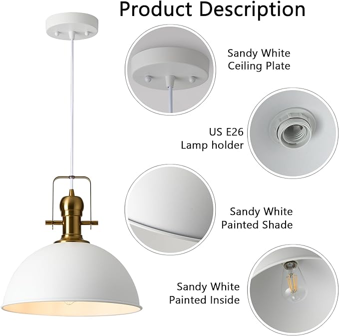 12 Inch Sandy White Farmhouse Pendant Lights for Kitchen Island Industrial Adjustable Height Vintage Dome Hanging Light Fixtures for Barn,Dining Room 1 Pack