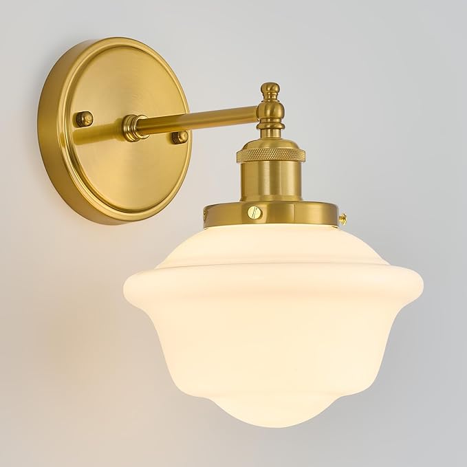 VitaLink Vintage Wall Sconces, Golden Hardwired Milk White Glass Wall Sconce Lighting Fixtures Vanity Light Schoolhouse Wall Lamp for Bedroom Living Room Bathroom Hallway