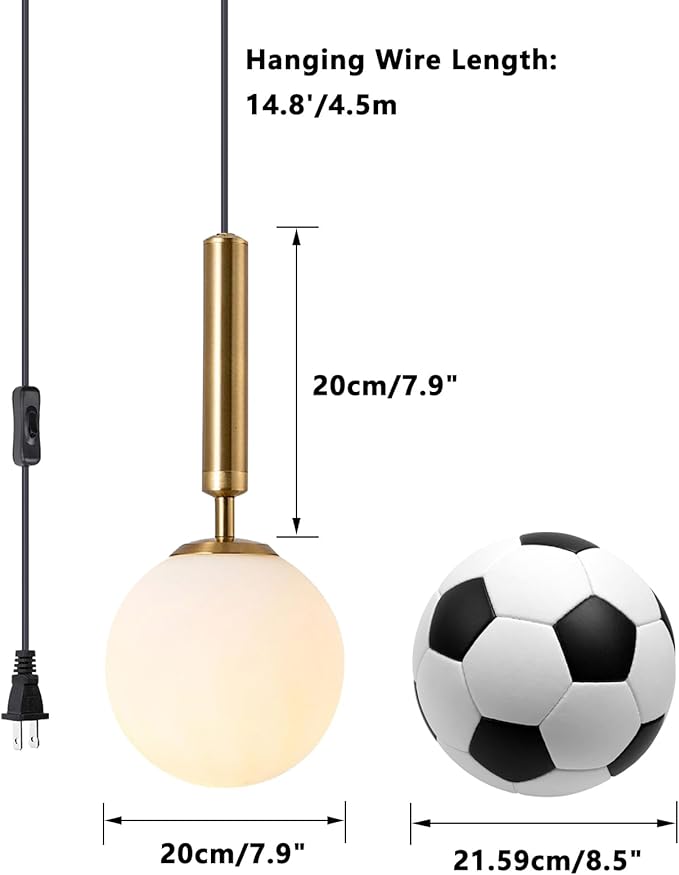 KCO Modern Gold Globe Pendant Lamp Plug in Mid Century White Frosted Glass Adjustable Ceiling Lamp Industrial Brass Gold Round Ball On/Off Chandelier for Farmhouse Kitchen Island Bedroom