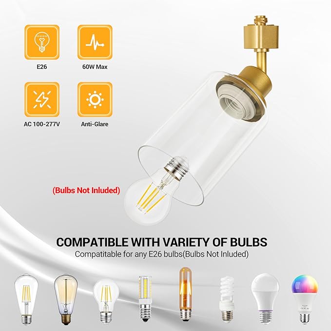 VANoopee H Type Track Lighting Heads E26 Track Light Ceiling Modern for Kitchen, Compatible with H Track Lighting Rail System, Gold Track Lighting Fixtures with Glass Lamp Shade, 4 Pack, No Bulbs