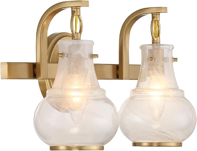 Savoy House 8-4417-2-322 Adams Modern Vintage Traditional White Strie Glass Bathroom Vanity Wall Light, 2-Light 120 Total Watts, 9" H x 16" W, Warm Brass