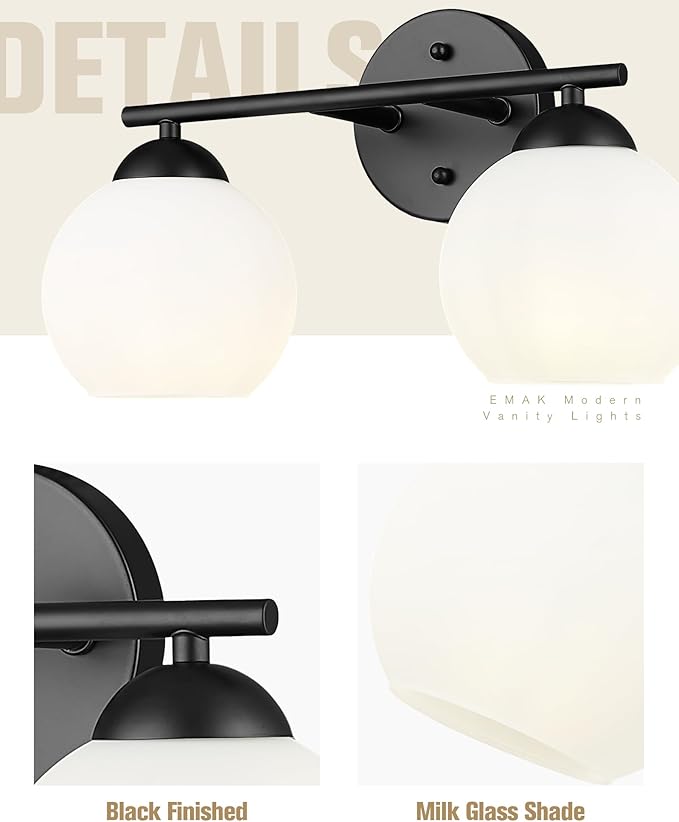 Emak Black Vanity Lights for Mirror, Modern Farmhouse 2-Light Bathroom Light Fixtures Globe Bathroom Vanity Light with Milk Glass Shade, VL114-BK-ML-2