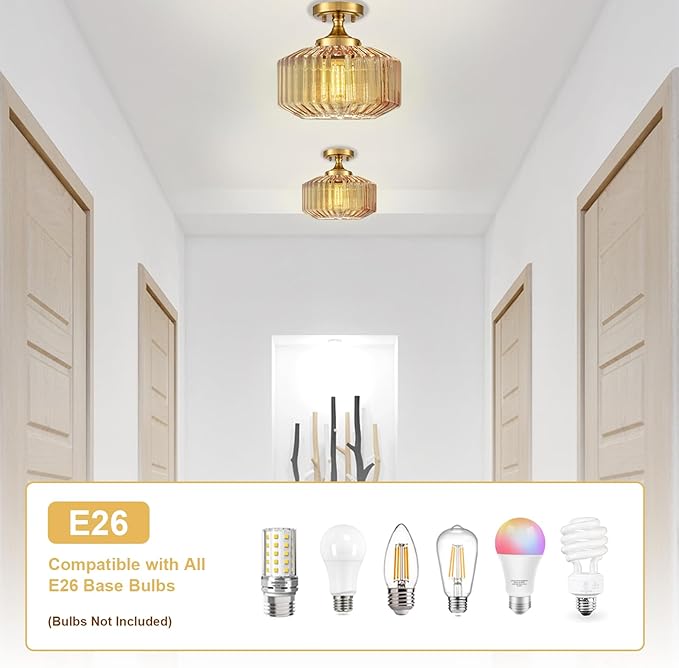 Flush Mount Light Fixture 11.02" Farmhouse 1 Light Ceiling Fixture with Amber Striped Hand Blown Glass Shade, E26 Base for Kitchen, Dining Room, Hallway