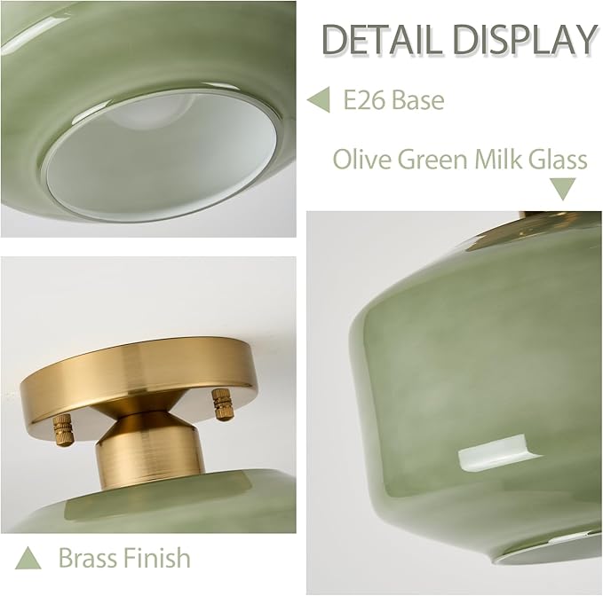 BISAMIYA Modern Semi Flush Mount Ceiling Light, 8.66" Olive Green Milk Glass Shade, Brass Finish Ceiling Light Fixture for Entryway, Hallway, Kitchen, Cafe, Bar