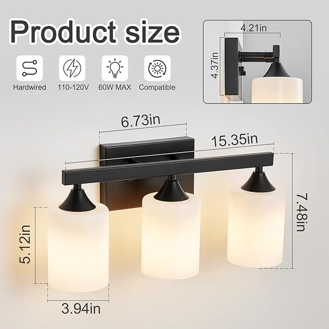 ZHU YAN Black Bathroom Vanity Lights,3-Light Bathroom Light Fixtures Over Mirror with White Frosted Glass Shades,Wall Lamp Vanity Lights for Mirror Living Room Bedroom E26 Socket