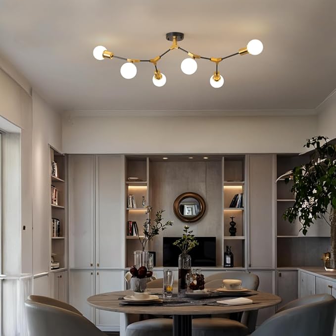 Modern Sputnik Semi Flush Mount Ceiling Light Fixture Gold and Black,Metal Mid Centur 6 Light Chandelier for Dining Room Bedroom Kitchen Hallway Foyer Living Room