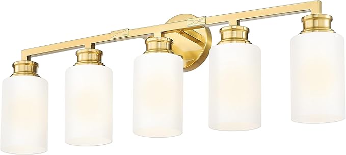 Emliviar Bathroom Vanity Light Fixture Brushed Gold, 5-Light Bathroom Lighting Fixture Over Mirror with Milk White Glass Shade, YCE253B-5W BG
