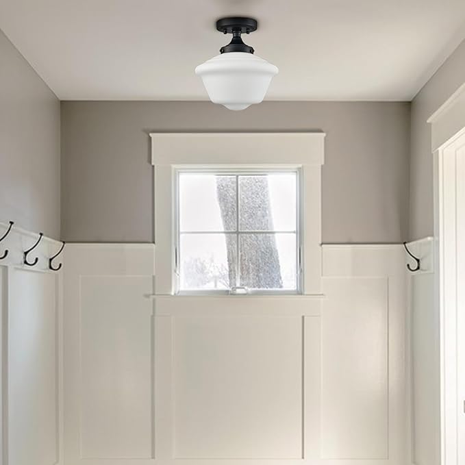 SAMTEEN Modern Black Semi Flush Mount Ceiling Light Schoolhouse Light Fixtures White Glass Ceiling Light Matte Black Flush Mount Light for Bedroom Hallway Kitchen Foyer Living Room