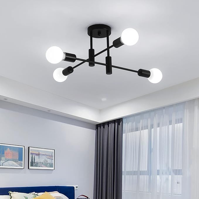 Garwarm Black Semi Flush Mount Ceiling Light Fixture, 4-Light Modern Industrial Sputnik Chandelier Light Fixture, Flush Mount Ceiling Lamp for Kitchen Dining Room Bedroom Foyer Entryway Hallway Closet