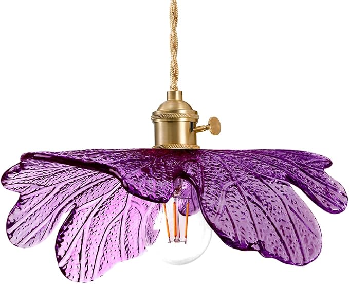 Mid Century Pendant Light with Purple Glass Flower Shade Vintage Hanging Light in Brushed Brass, Gold Adjustable Ceiling Lighting for Kitchen Island, Dining Room, Bedroom