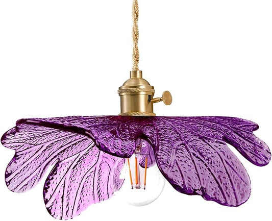 Mid Century Pendant Light with Purple Glass Flower Shade Vintage Hanging Light in Brushed Brass, Gold Adjustable Ceiling Lighting for Kitchen Island, Dining Room, Bedroom