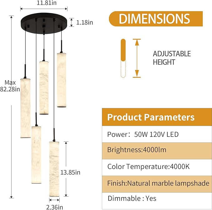 LMQNINE Natural Alabaster Pendant Lights for Kitchen Island White Marble Long Tube Chandelier 4000K Modern Black Ceiling Light Fixtures for Bedroom Dining Room Table Living Room Hallway(M-5Light)