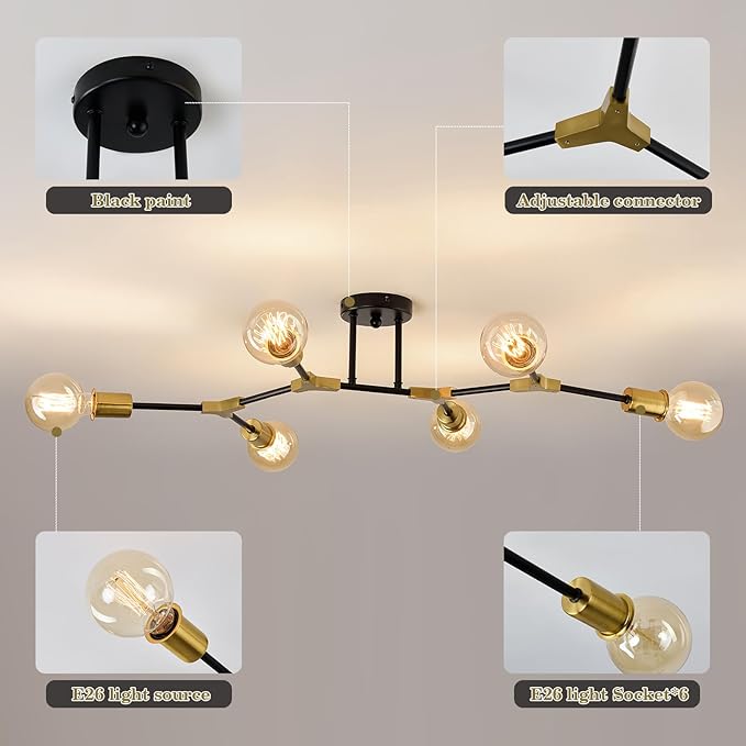 ASGYISA 8 Light Modern Sputnik Chandelier Black and Gold Ceiling Light Fixture Mid Century Ceiling Lamp for Bedroom Living Room Dining Room Kitchen Foyer (Metal Matte E26